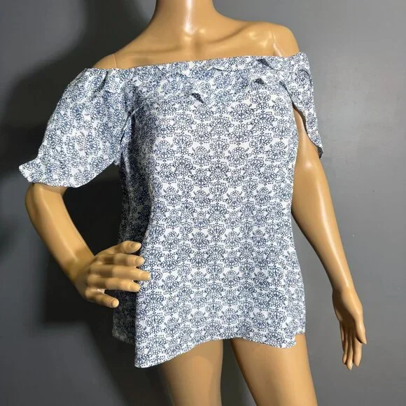 Blue & White Off-Shoulder Ruffle Top - Picture 2 of 6